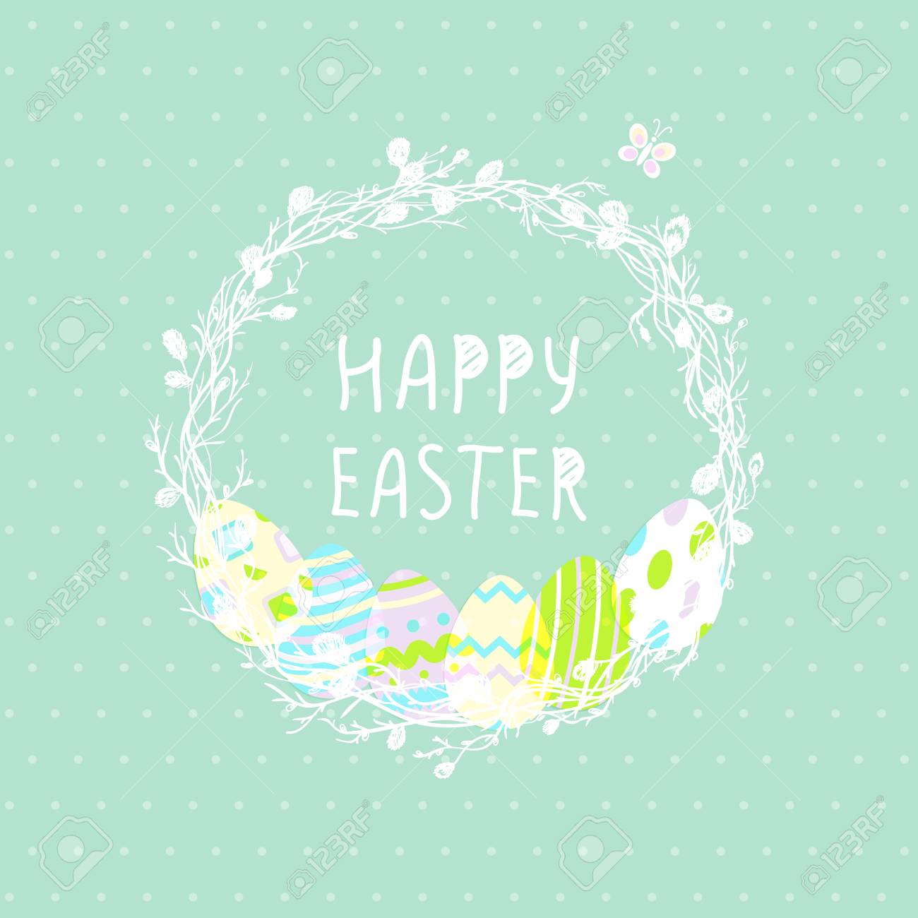 Happy easter greeting card with eggs and leaves - Easter