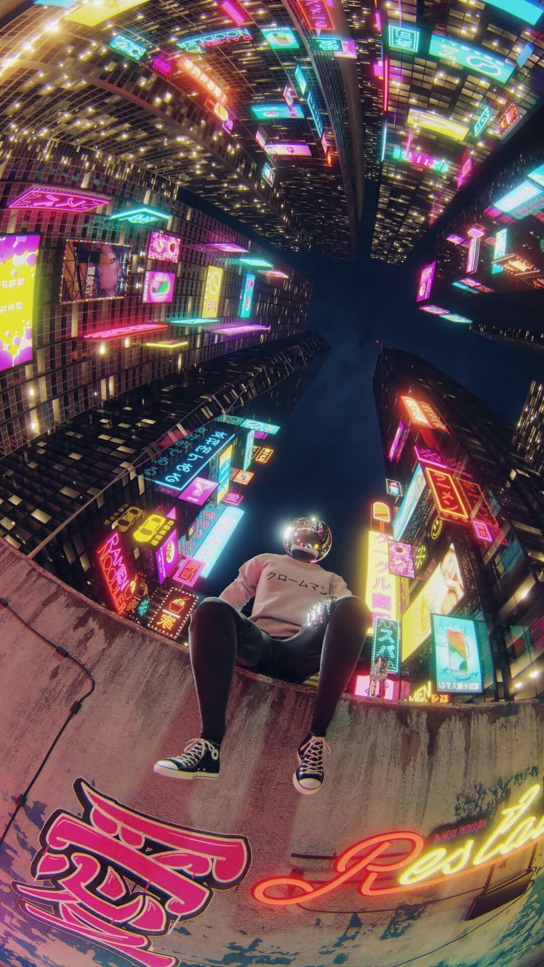 A man sitting on a ledge in a cyberpunk city - Cyberpunk