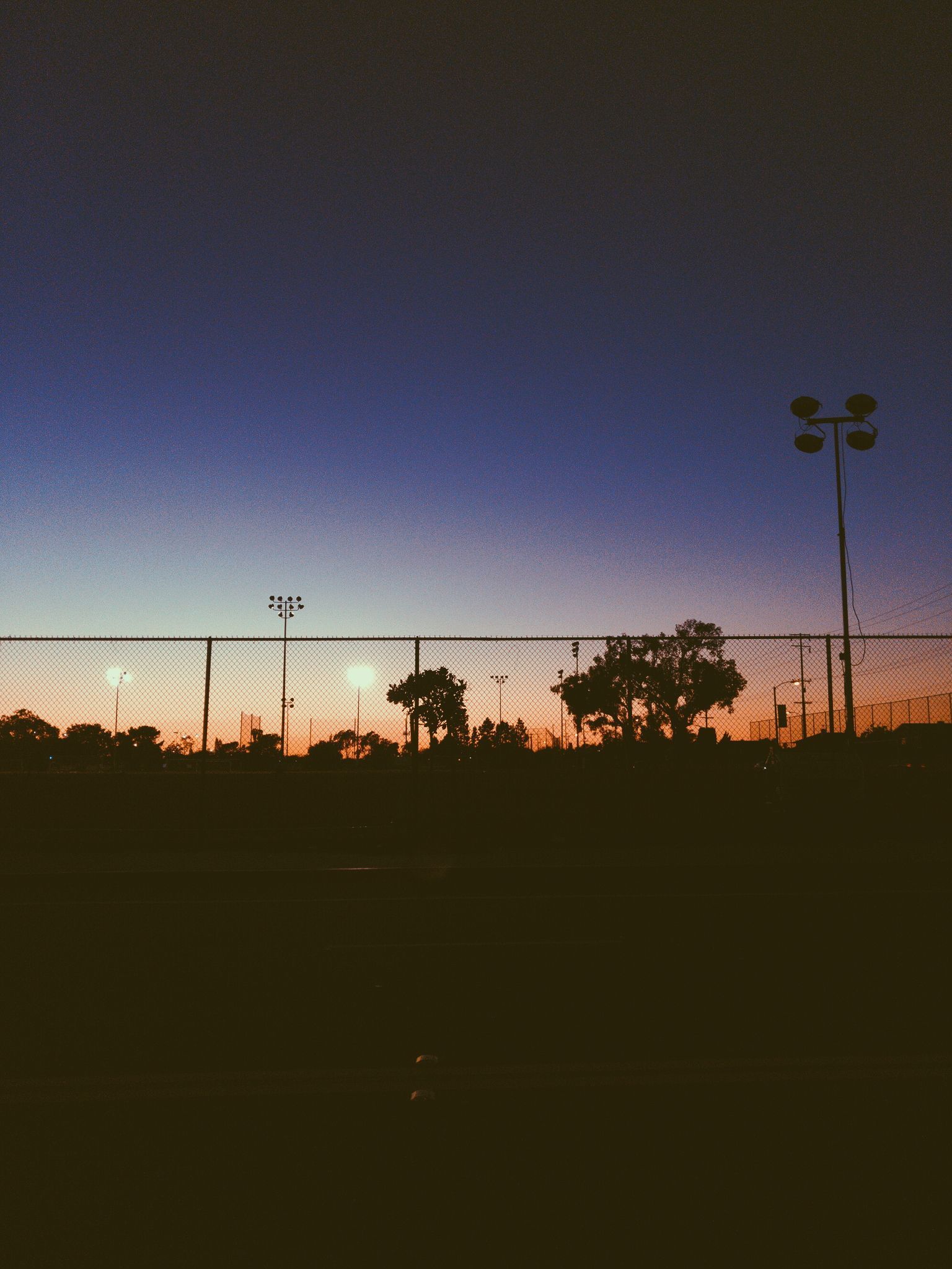 A sunset behind a fence and some trees. - Soccer