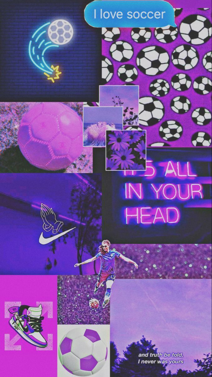 A collage of pictures with purple and pink backgrounds - Soccer