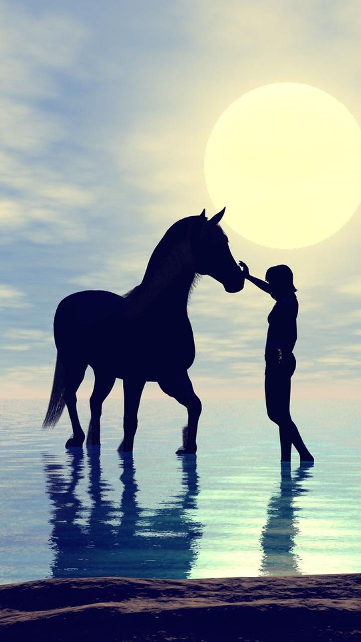 Wallpaper iPhone Girl with horse in the sea at sunset - Horse