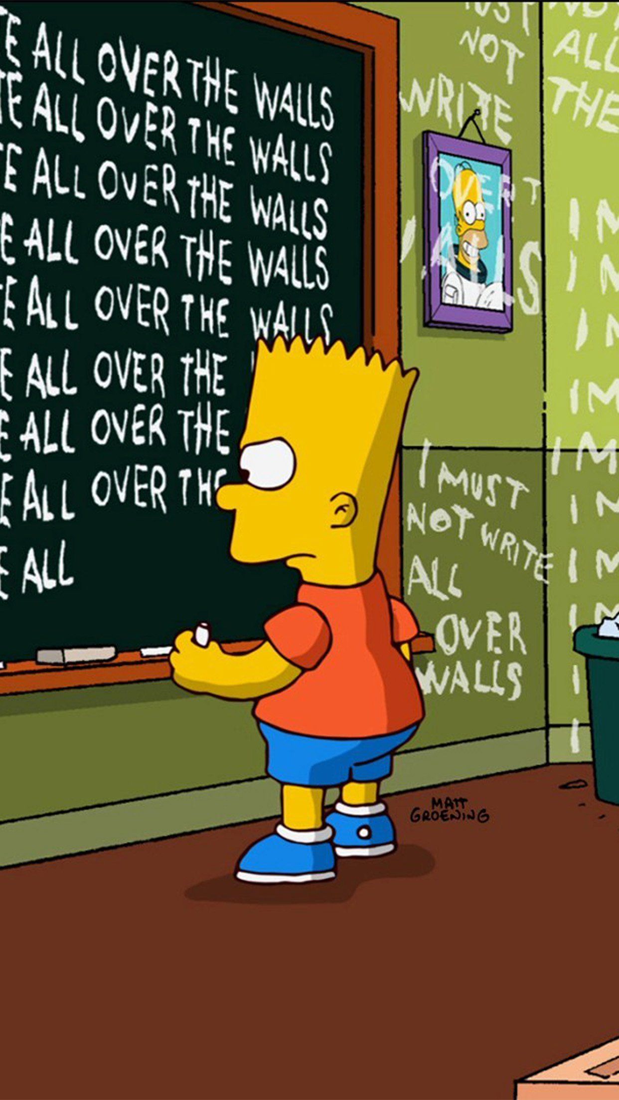 Bart Simpson writing on a chalkboard in a classroom. - The Simpsons, Bart Simpson