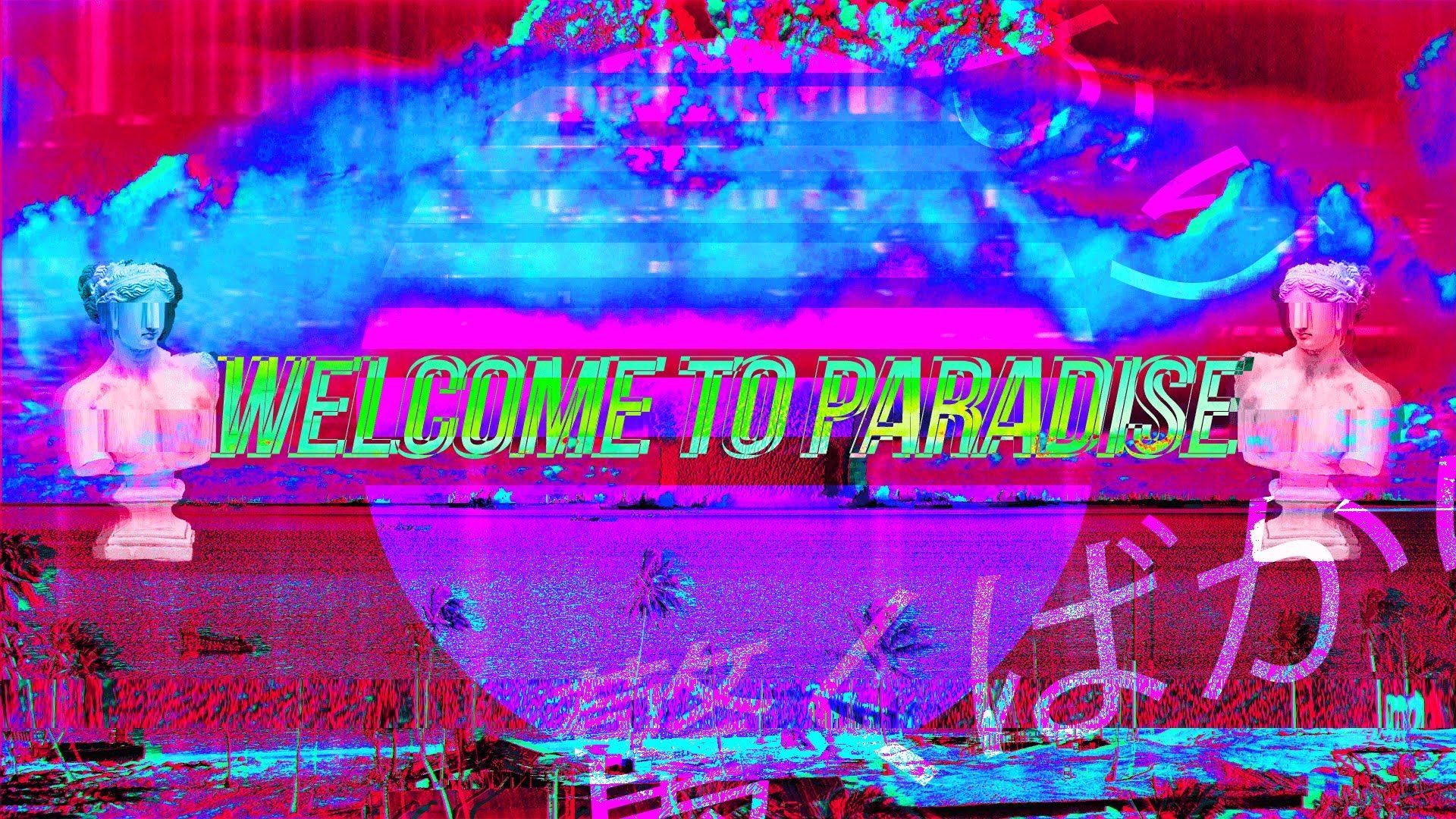 Welcome to paradise, neon sign with distorted glitch effect - Vaporwave