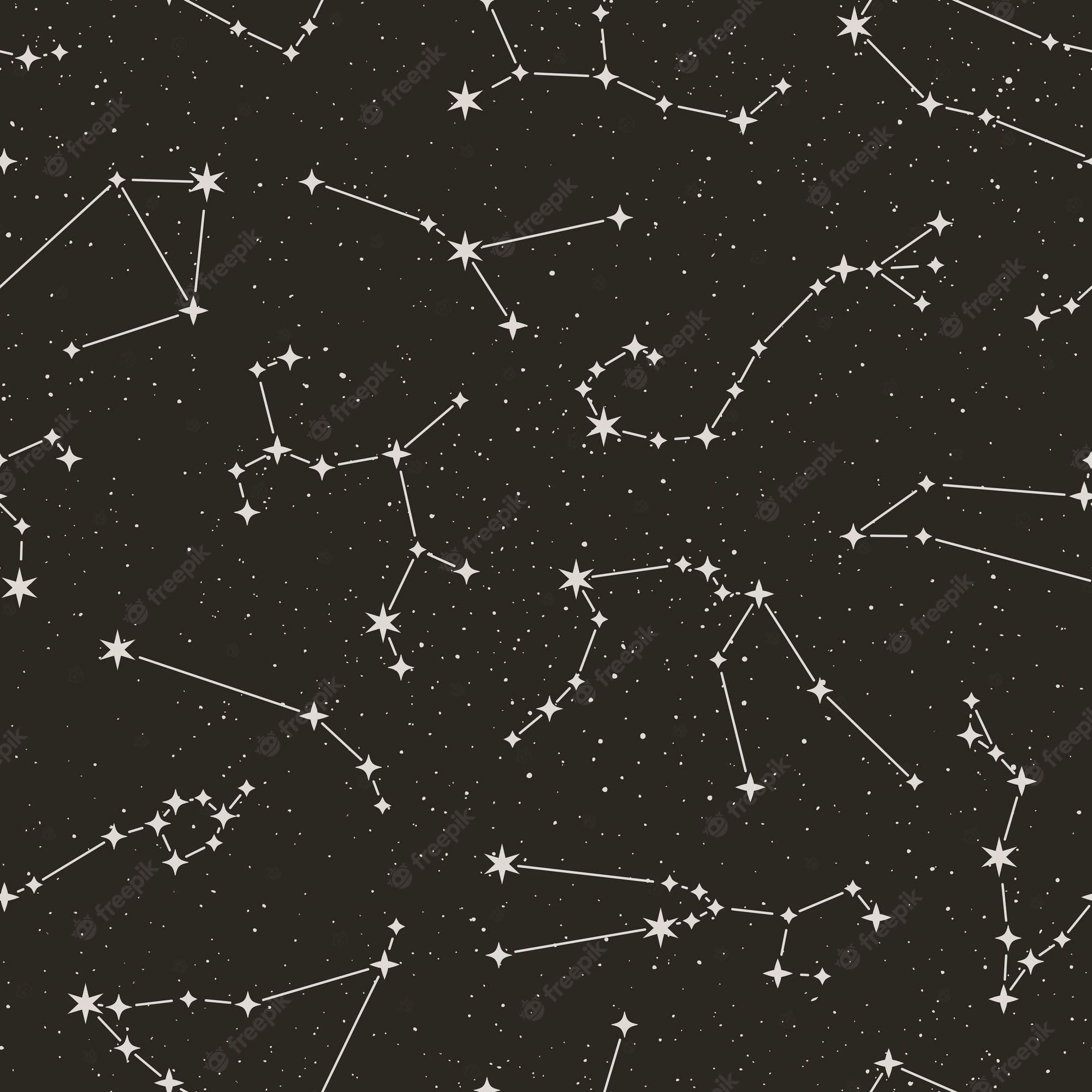 Premium Vector. Zodiac constellations seamless pattern on the starry black background in minimal trendy style. vector space astrology backdrop. horoscope symbols texture