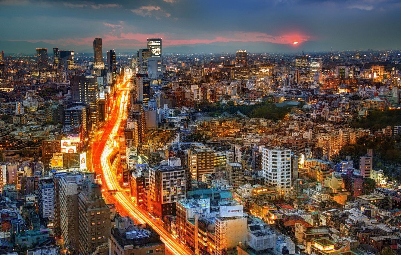 Wallpaper road, sunset, building, Japan, Tokyo, panorama, Tokyo, Japan, night city image for desktop, section город