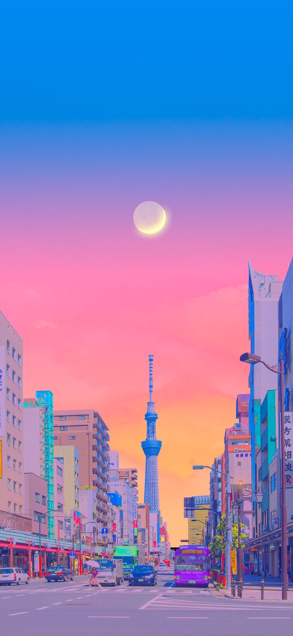 Aesthetic cityscape wallpaper for iPhone with a full moon - Tokyo