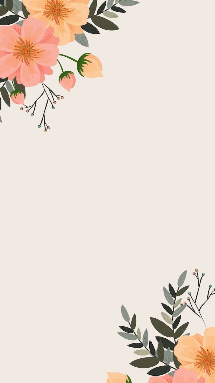 A phone wallpaper with pink and orange flowers on the left side and green leaves on the right side. - Minimalist