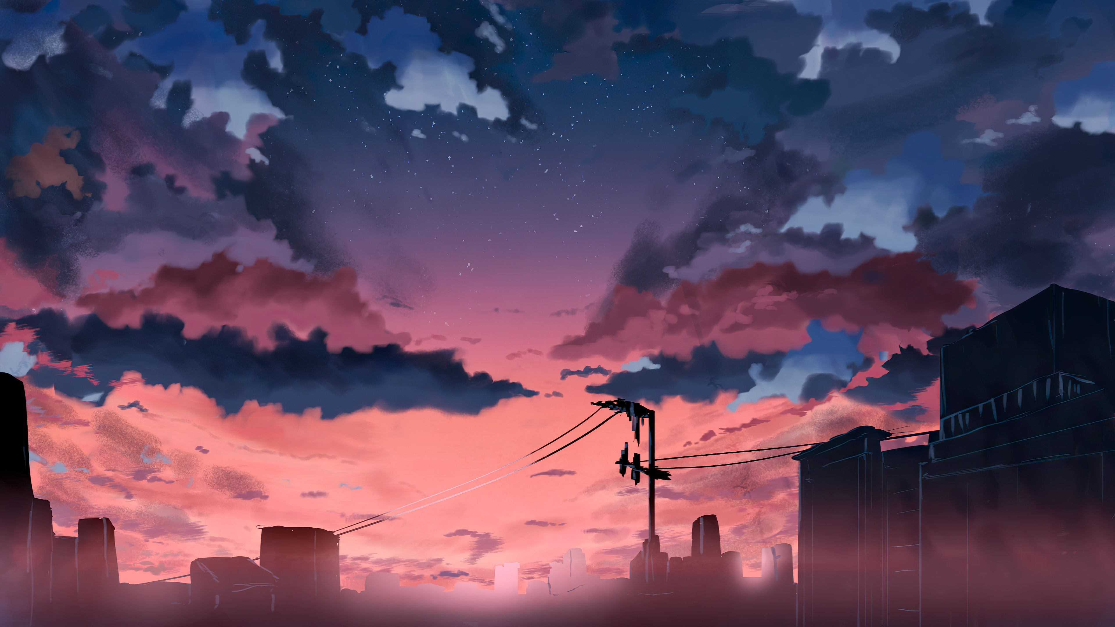 A painting of the sky with clouds and buildings - 3840x2160, anime