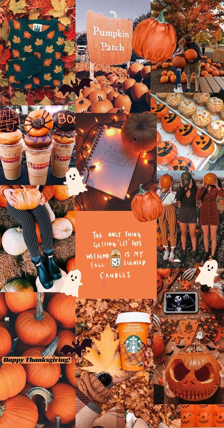 A collage of pictures with pumpkins and coffee cups - Fall, October, cute fall, collage, fall iPhone