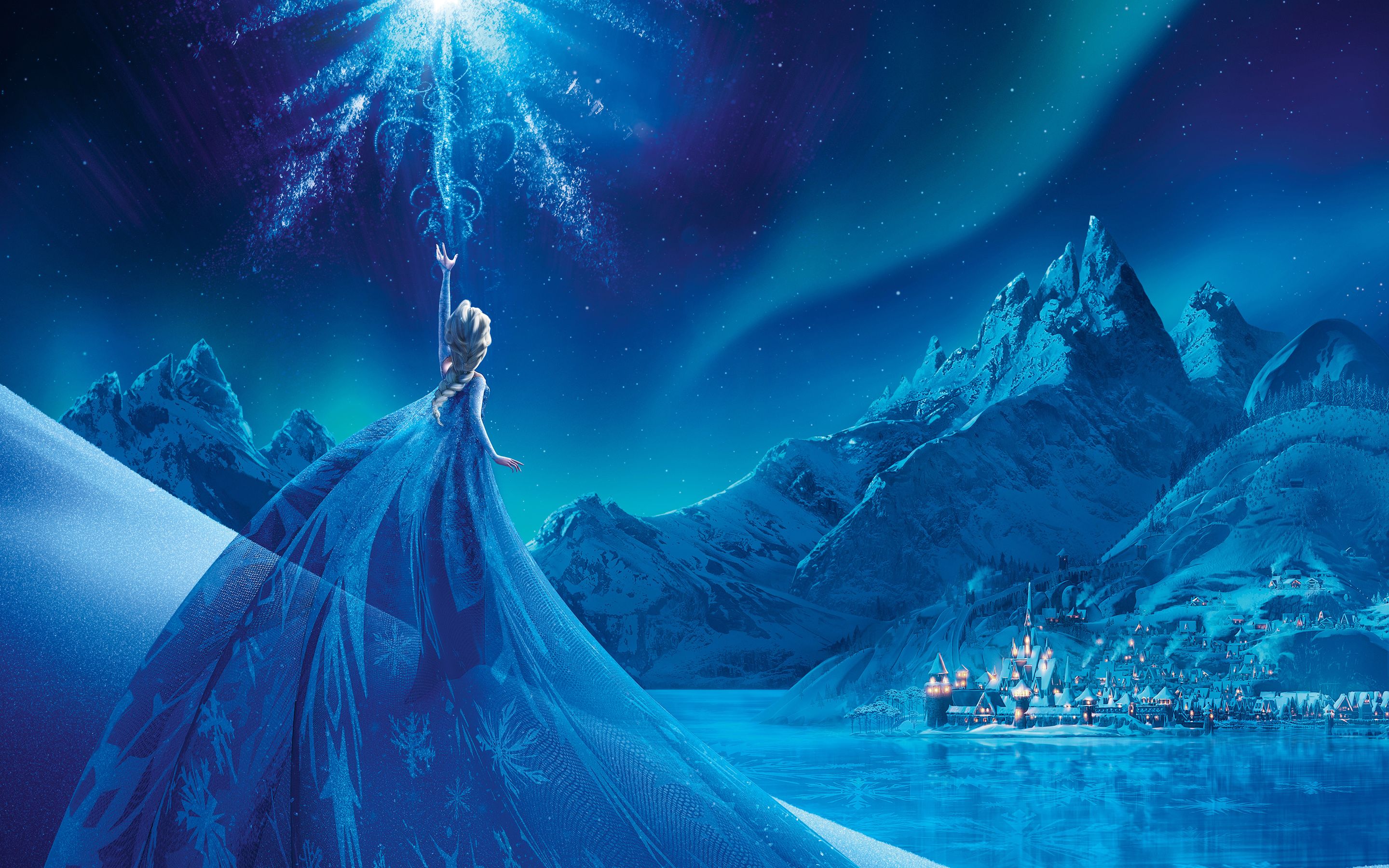 A woman in an ice blue dress is holding up the sun - Elsa