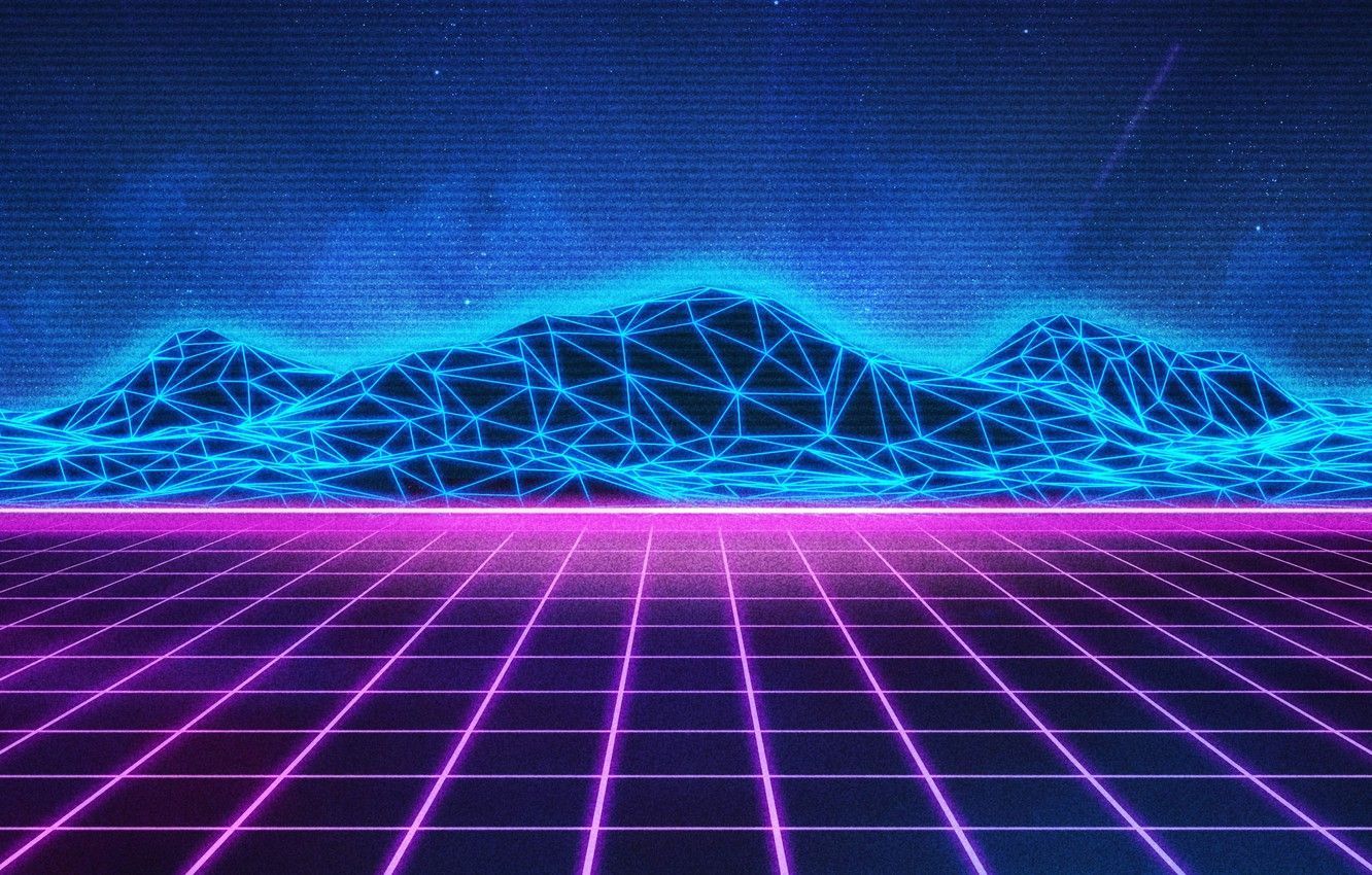 A retro 80s style background with mountains and neon lines - VHS