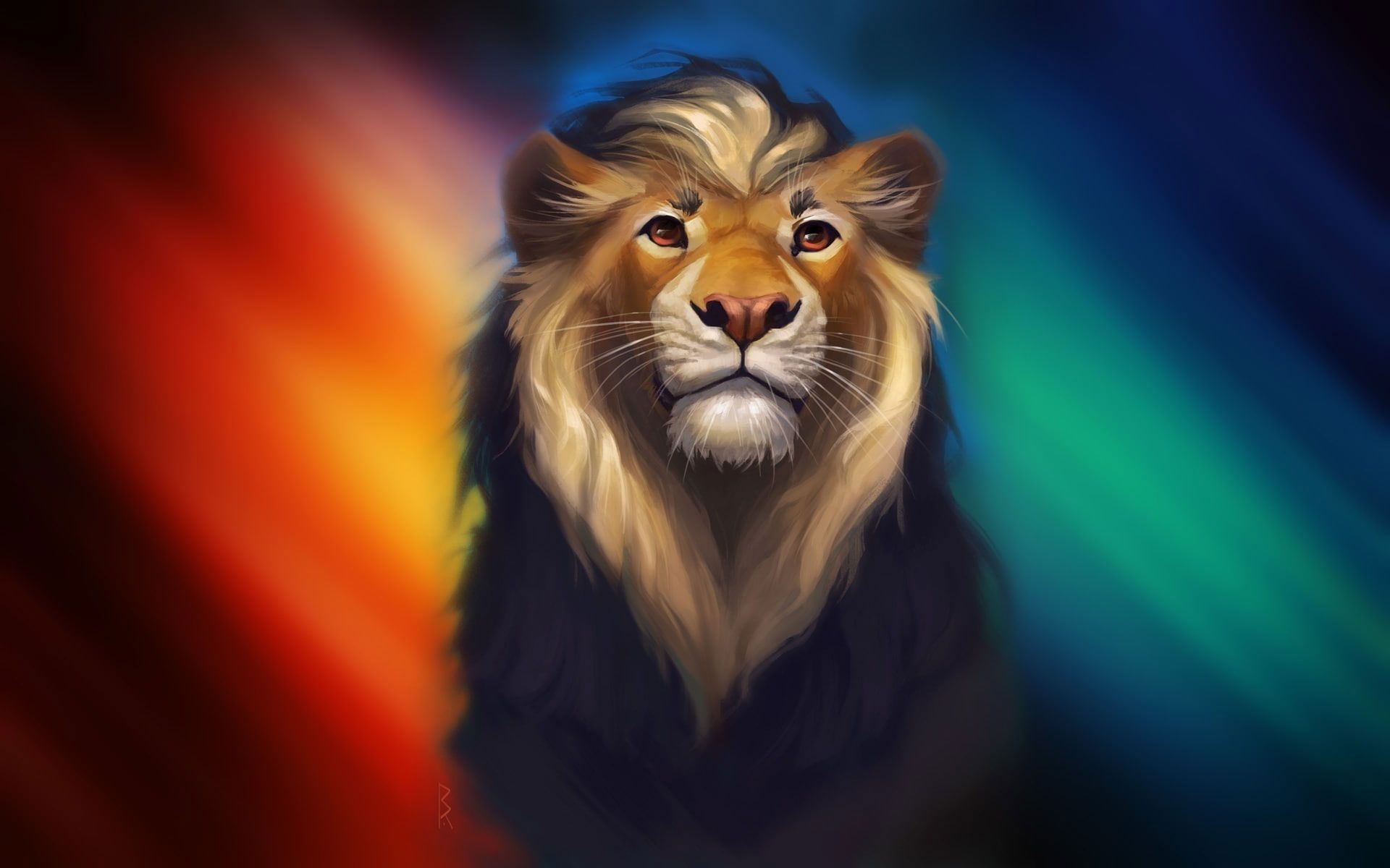 A digital painting of a lion in front of a rainbow background - Lion