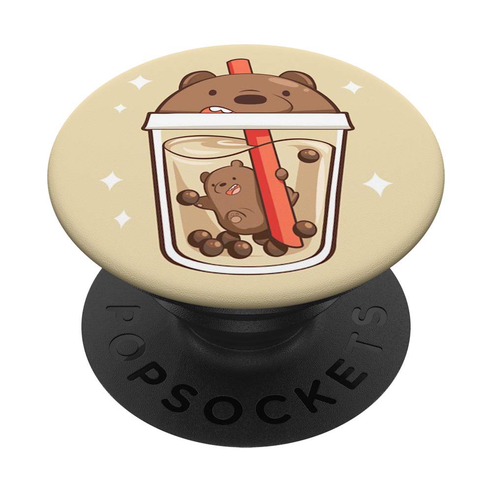 A PopSockets grip with a brown bear and cub inside a glass of boba tea. - Milk