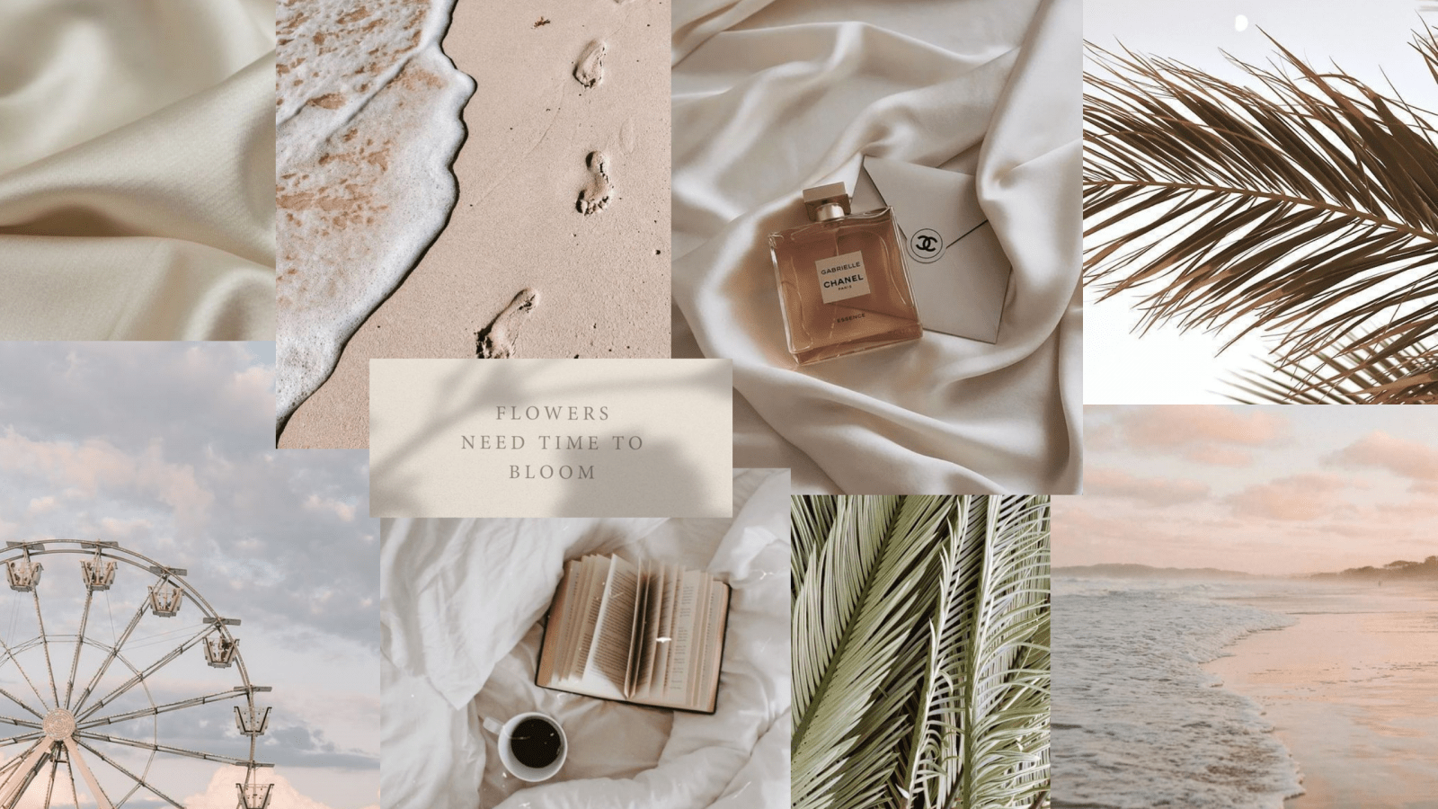 A collage of images including a ferris wheel, palm leaves, a bottle of Chanel perfume, and a book. - Minimalist beige, beige