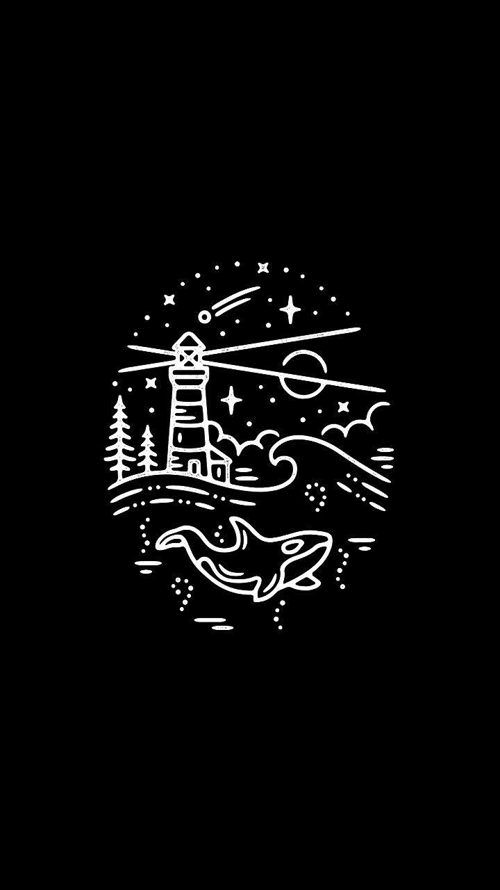 A whale swimming in front of a lighthouse - Black and white