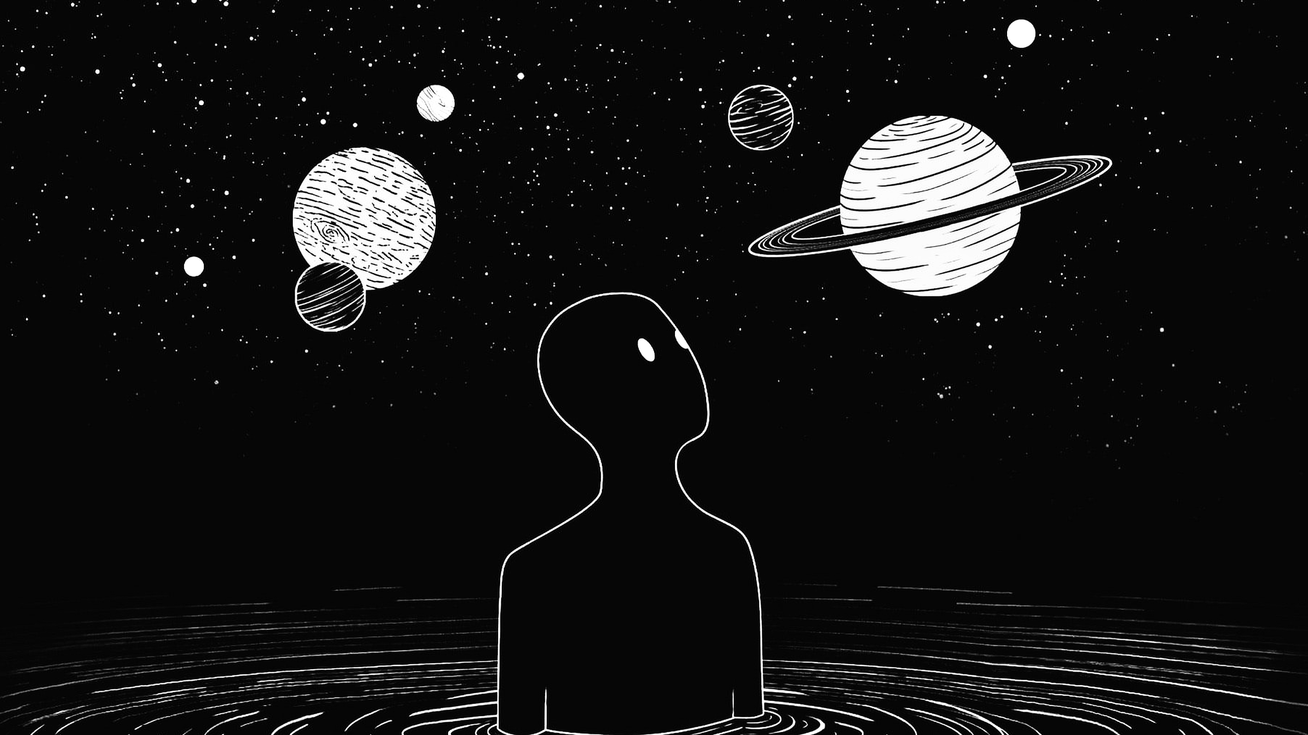 A person looking at the stars and planets - 2560x1440, black and white