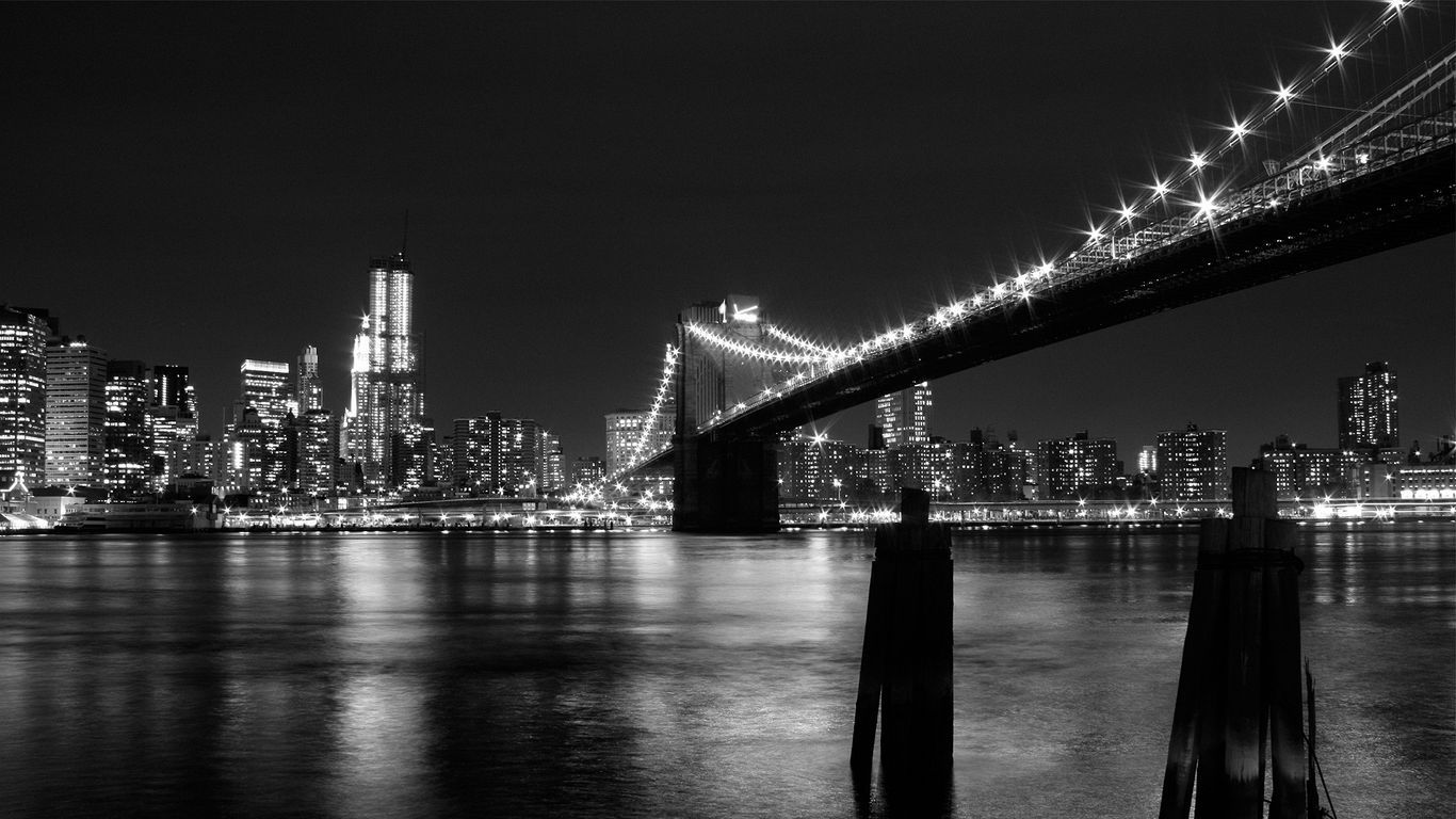 Download wallpaper 1366x768 new york, bridge, building, night, black white tablet, laptop HD background