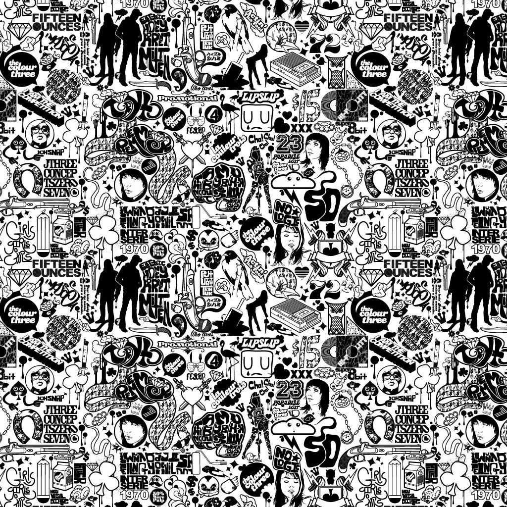A black and white pattern with various symbols - Black and white