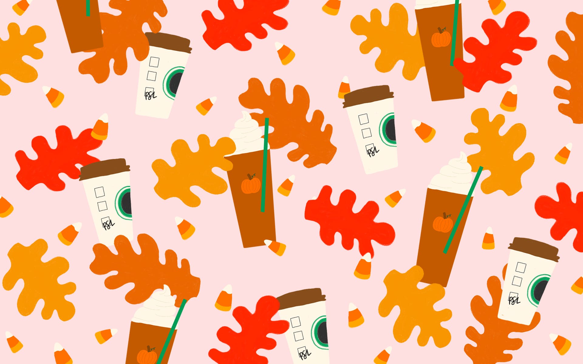 An illustration of a pattern of fall leaves and pumpkin spice lattes - Cute fall