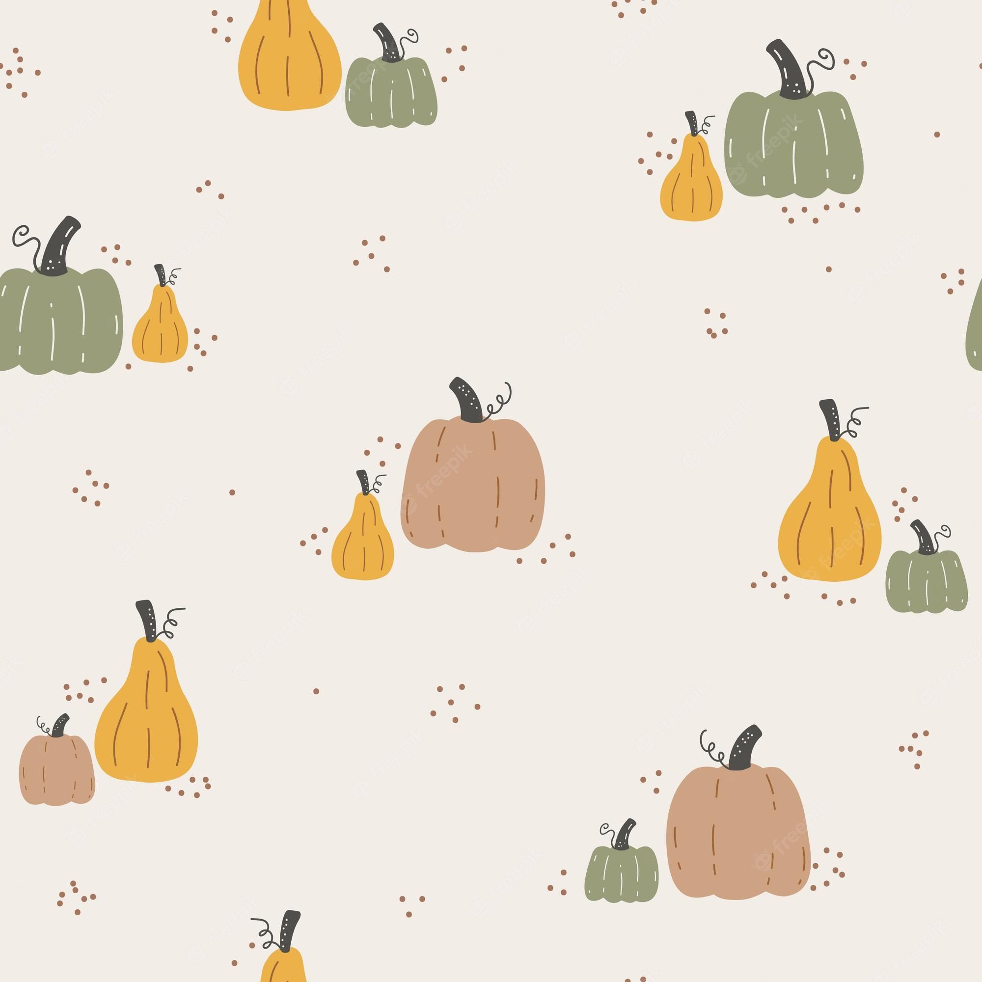 A pattern of pumpkins in green, orange, and brown on a white background. - Cute fall, pumpkin