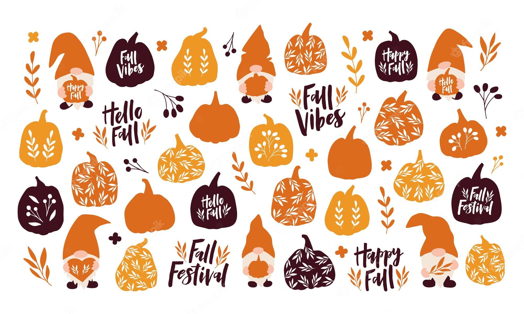 Premium Vector. Vector set autumn symbols and elements. hand drawn pumpkin, leaf, cute gnome, letterinng quote on white background. harvest, fall season, halloween decoration. for poster, card, sticker
