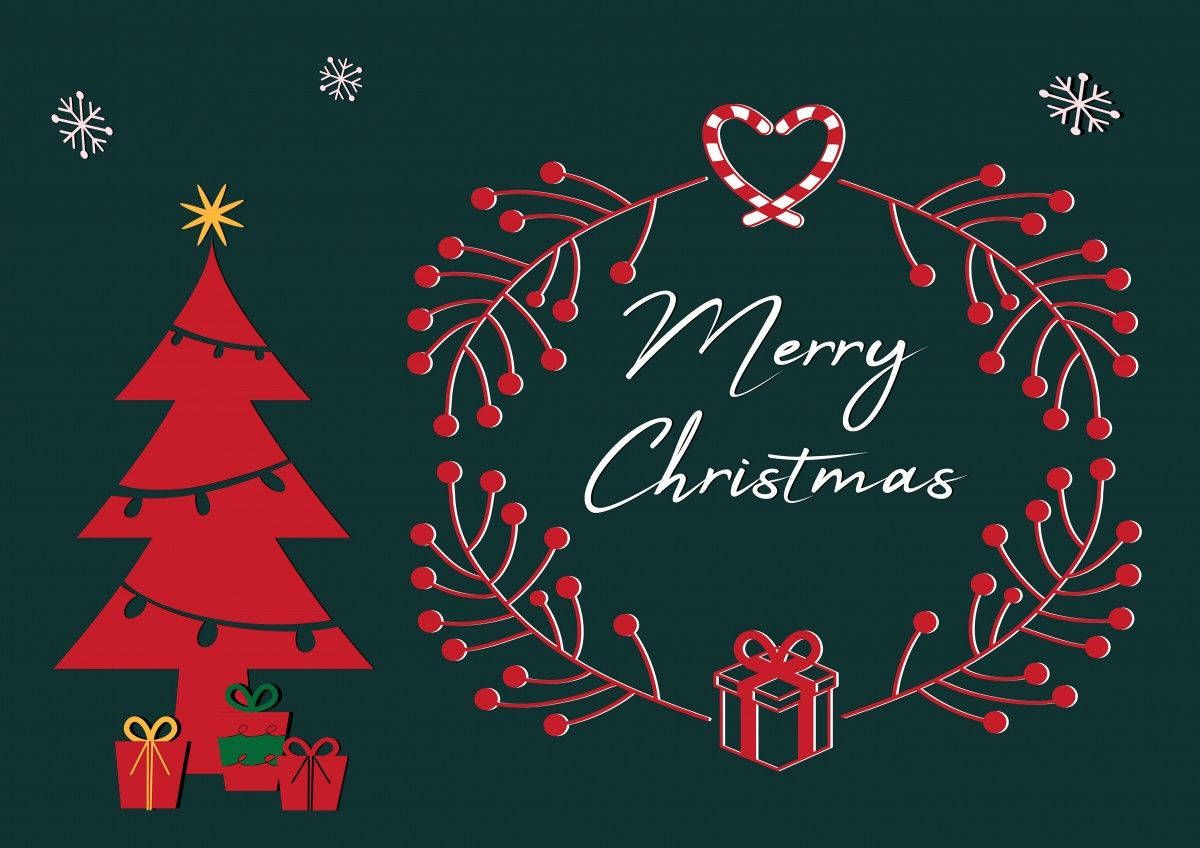 A green background with a red outline of a Christmas tree with presents underneath. - Cute Christmas