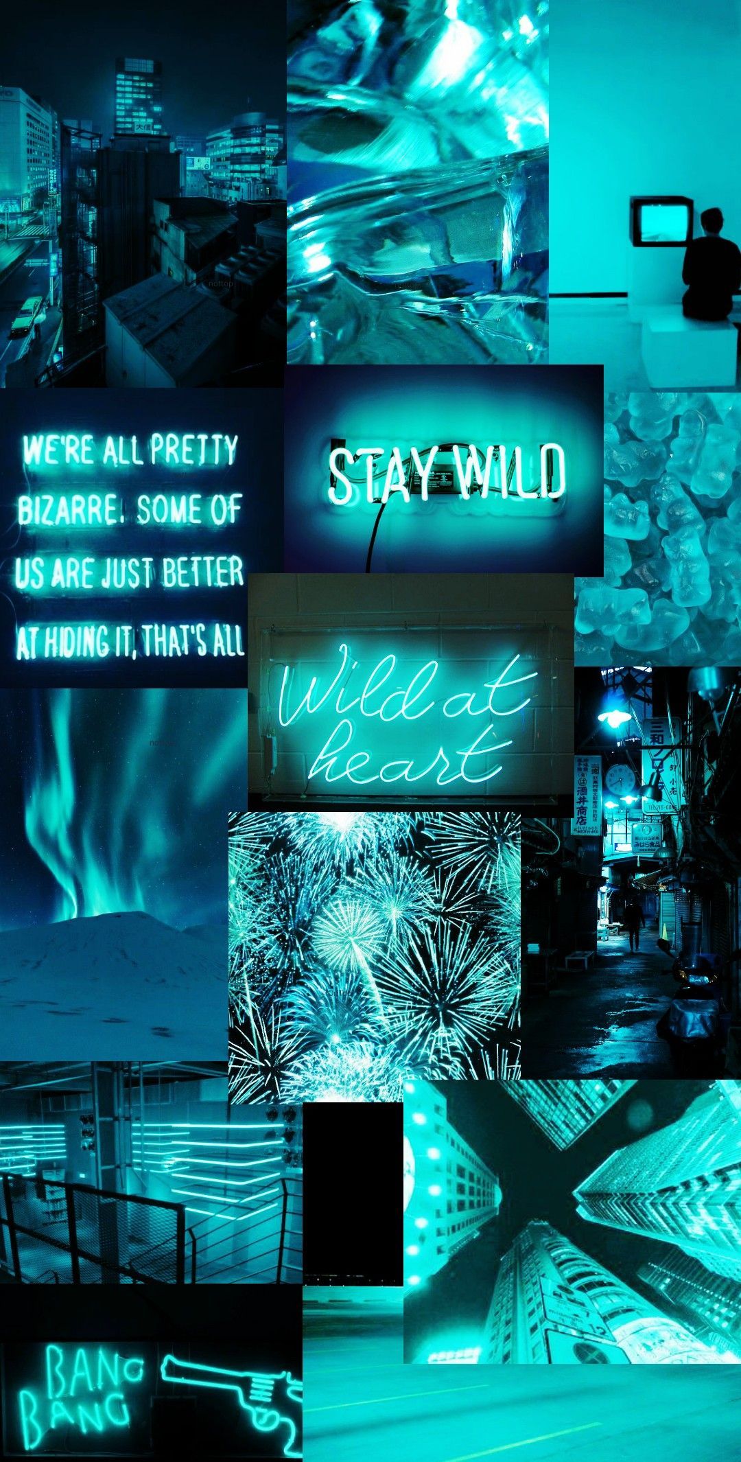 A collage of images with blue and green light - Neon blue