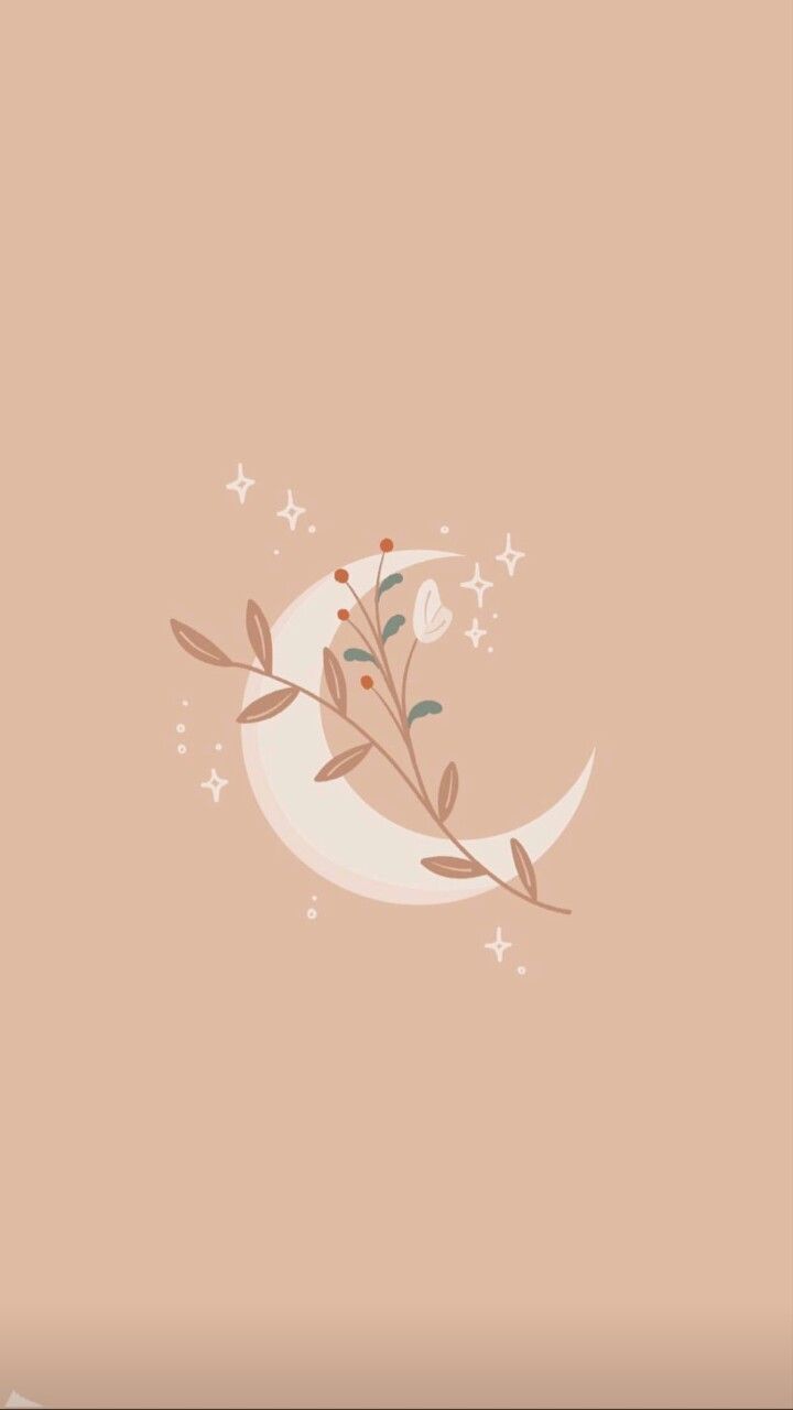 Illustration of a half moon with a branch with flowers and leaves on it - Pastel minimalist