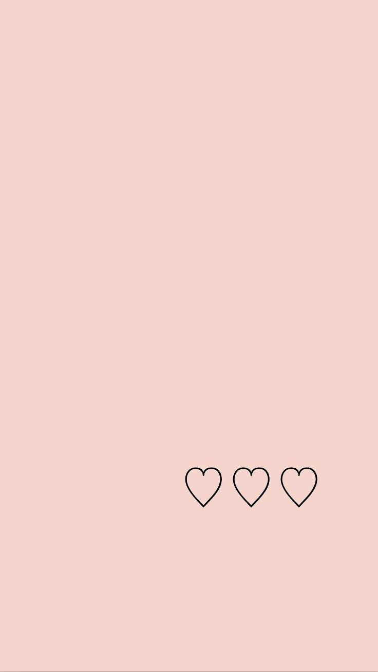 Three small hearts, drawn with black lines, on a light pink background, cute backgrounds for girls - Pastel minimalist