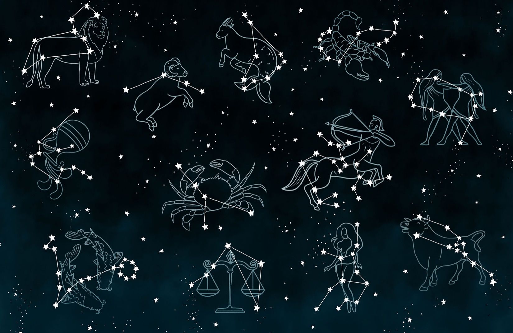 A black background with white stars and constellations of the zodiac signs. - Constellation