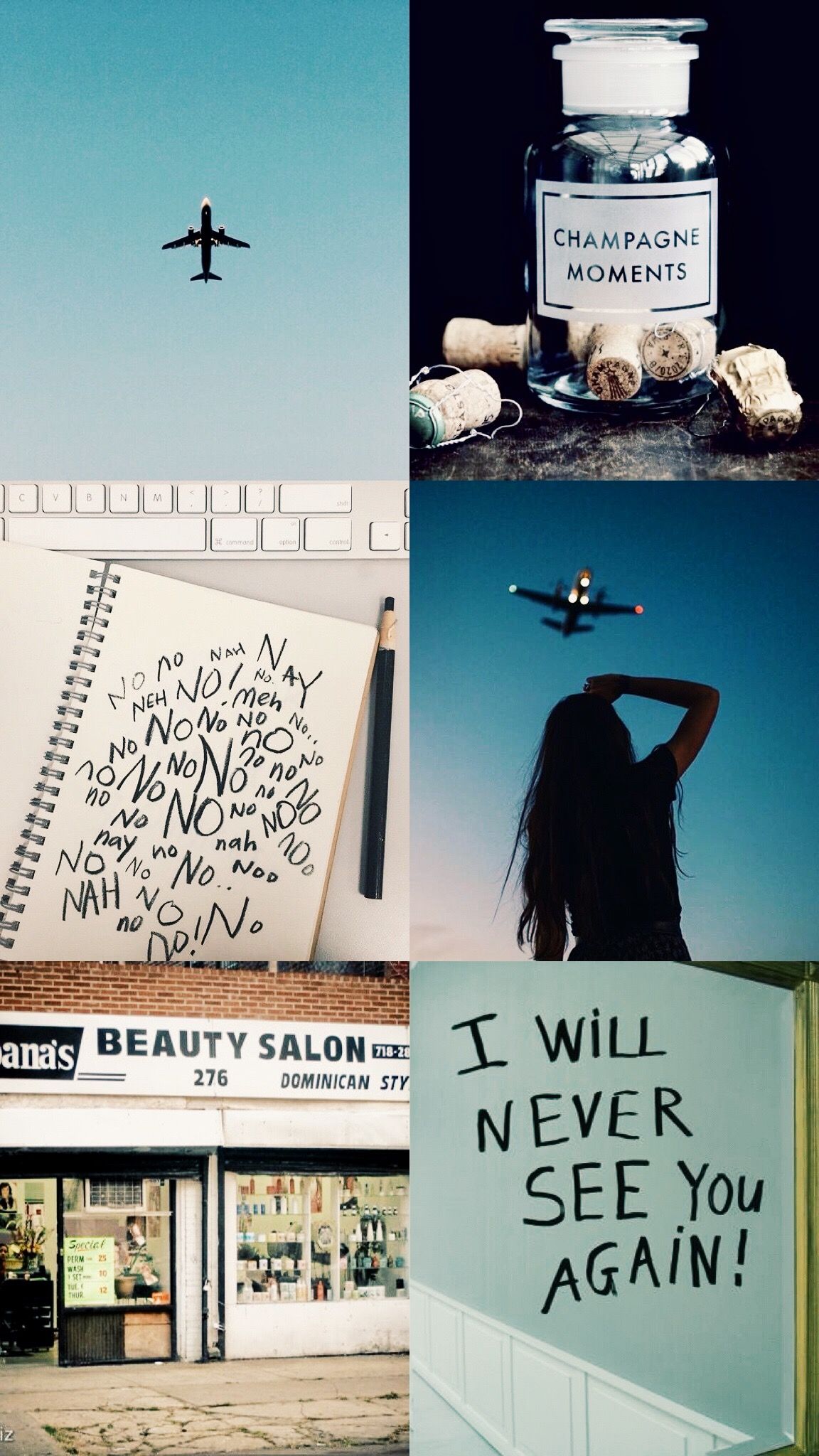 A collage of photos including an airplane, a champagne moment, a beauty salon, a notebook, and a woman with words written on a wall. - Broadway