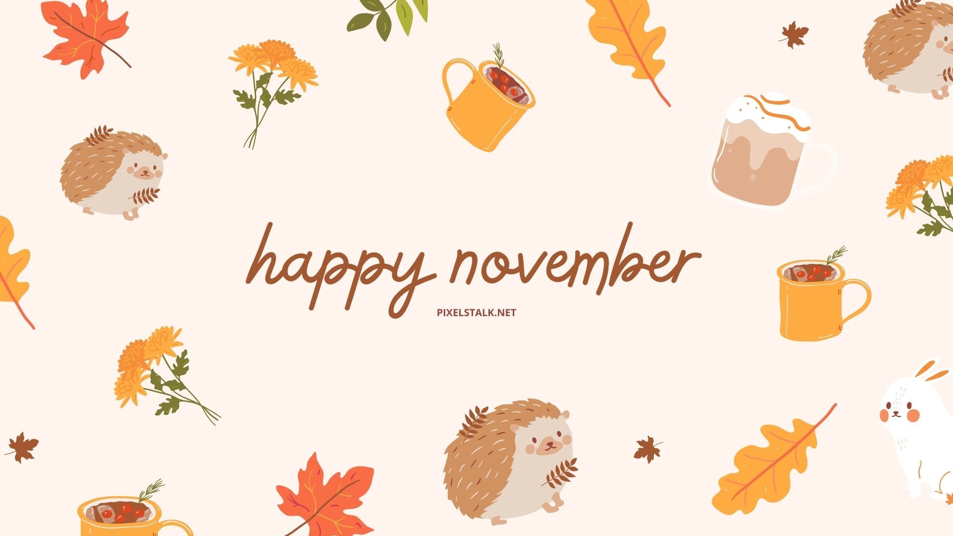 A happy November wallpaper with hedgehogs, leaves, and hot chocolate. - November