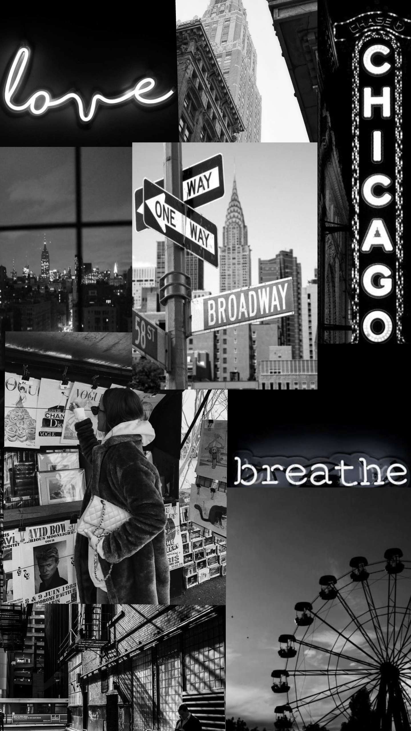A collage of black and white pictures with the words love chicago - Broadway