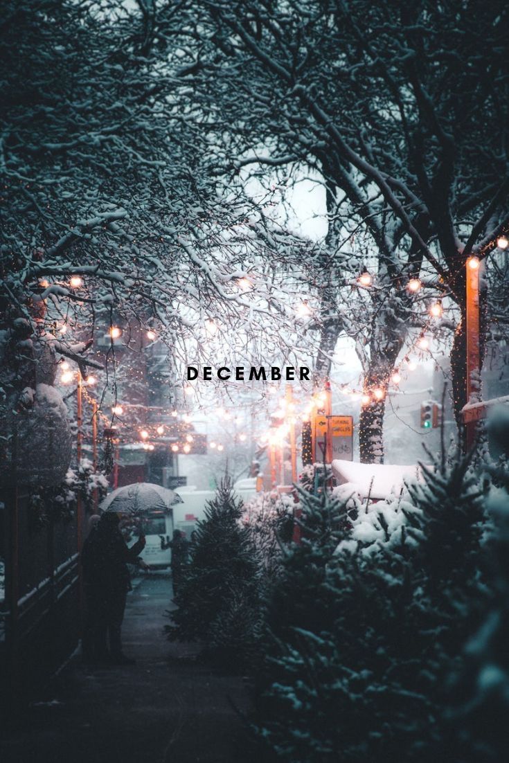 A December wallpaper with a snowy street at night - December