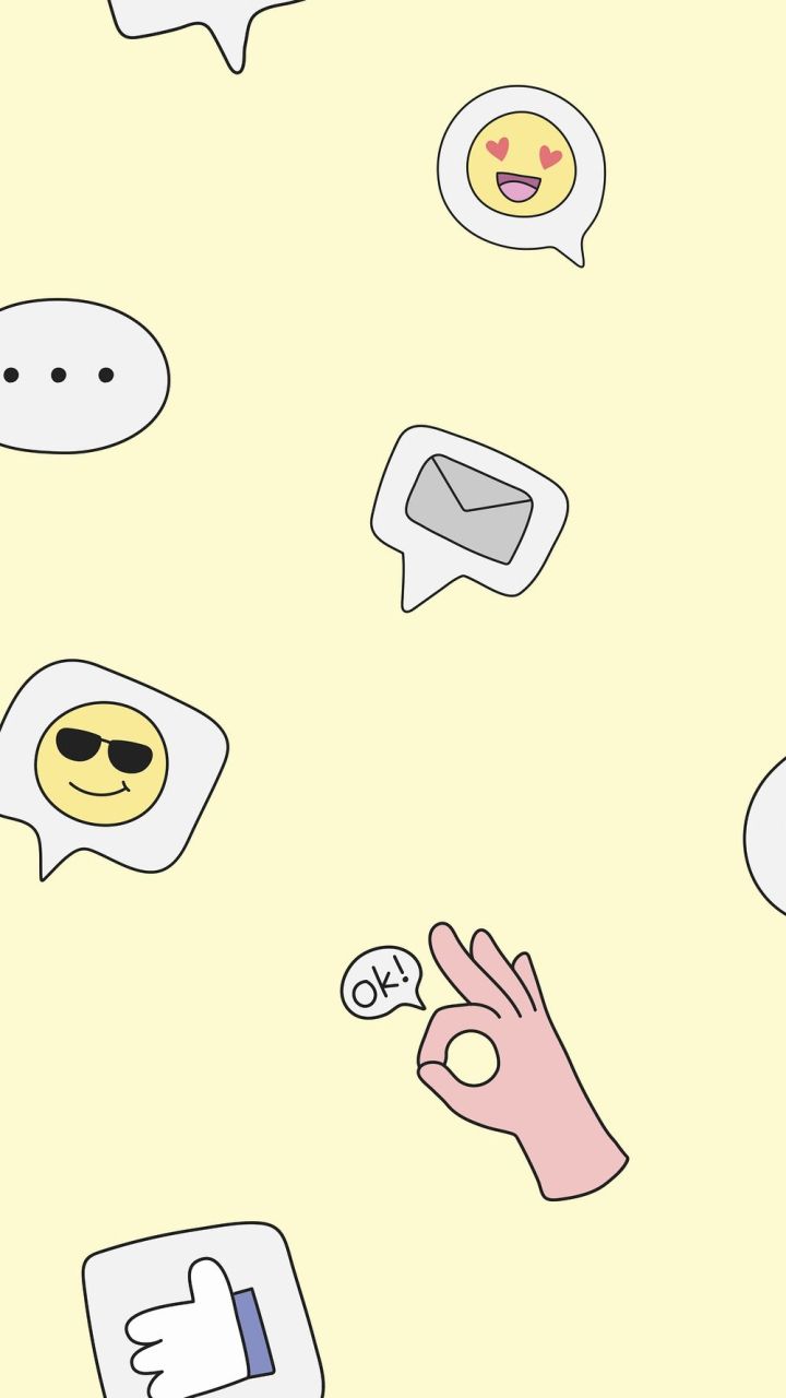 A pattern of emojis including a thumbs up, sunglasses, a heart eye emoji, a speech bubble, an email symbol, and a hand making the 
