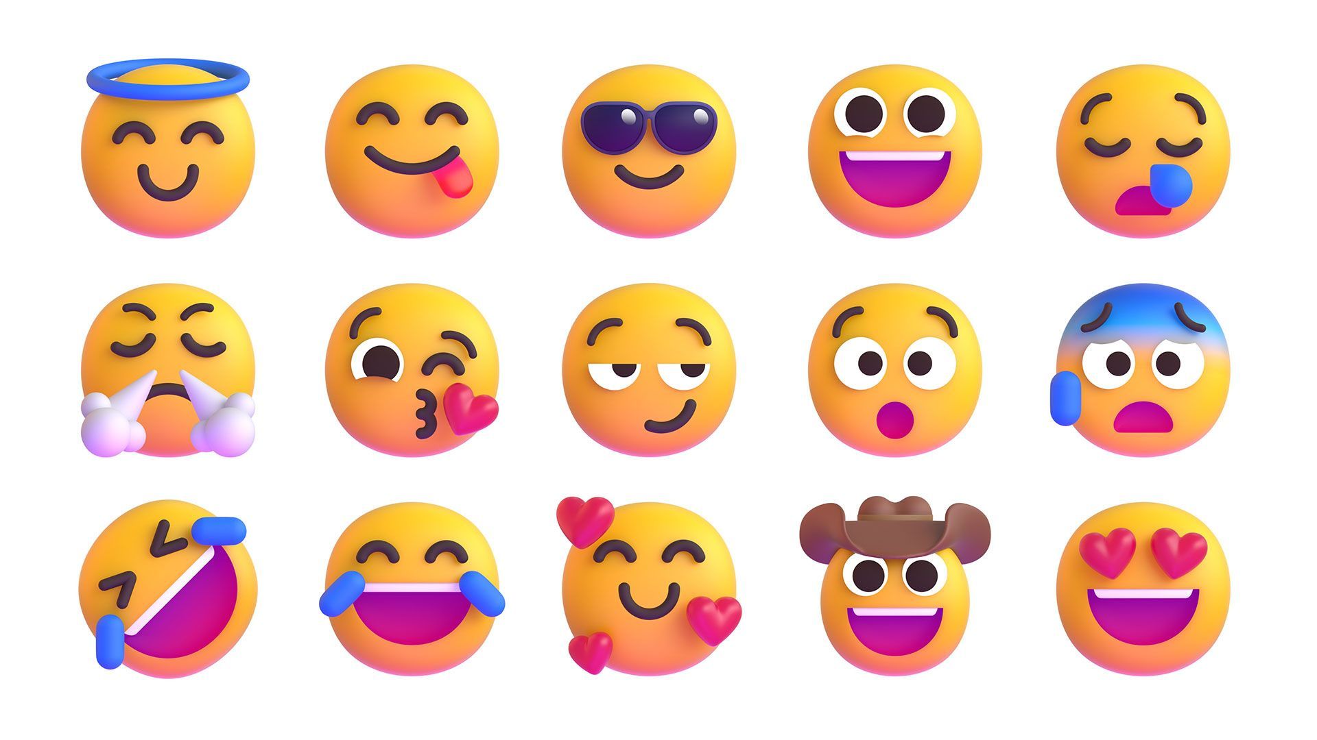 A set of 3D emojis with different expressions and accessories. - Emoji