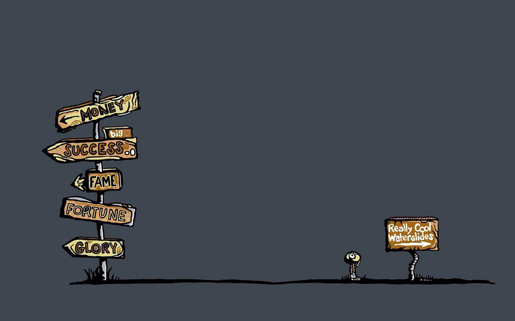 A cartoon of a person looking at a signpost with lots of different signs pointing in different directions. The person is looking at a sign that says 