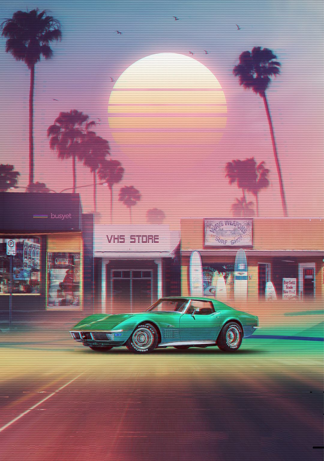 A green car is parked in front of an old store - Vintage, vintage fall, 90s, retro, cars, VHS, 80s