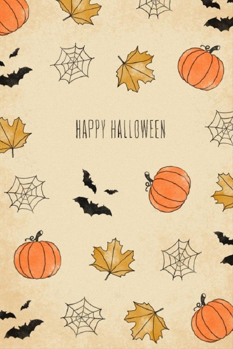 Halloween wallpaper for phone, happy halloween, orange pumpkins, bats, leaves, on a beige background - Cute Halloween