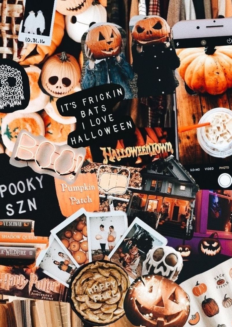 Halloween themed photo collage with images of pumpkins, ghosts, and bats. - Cute Halloween