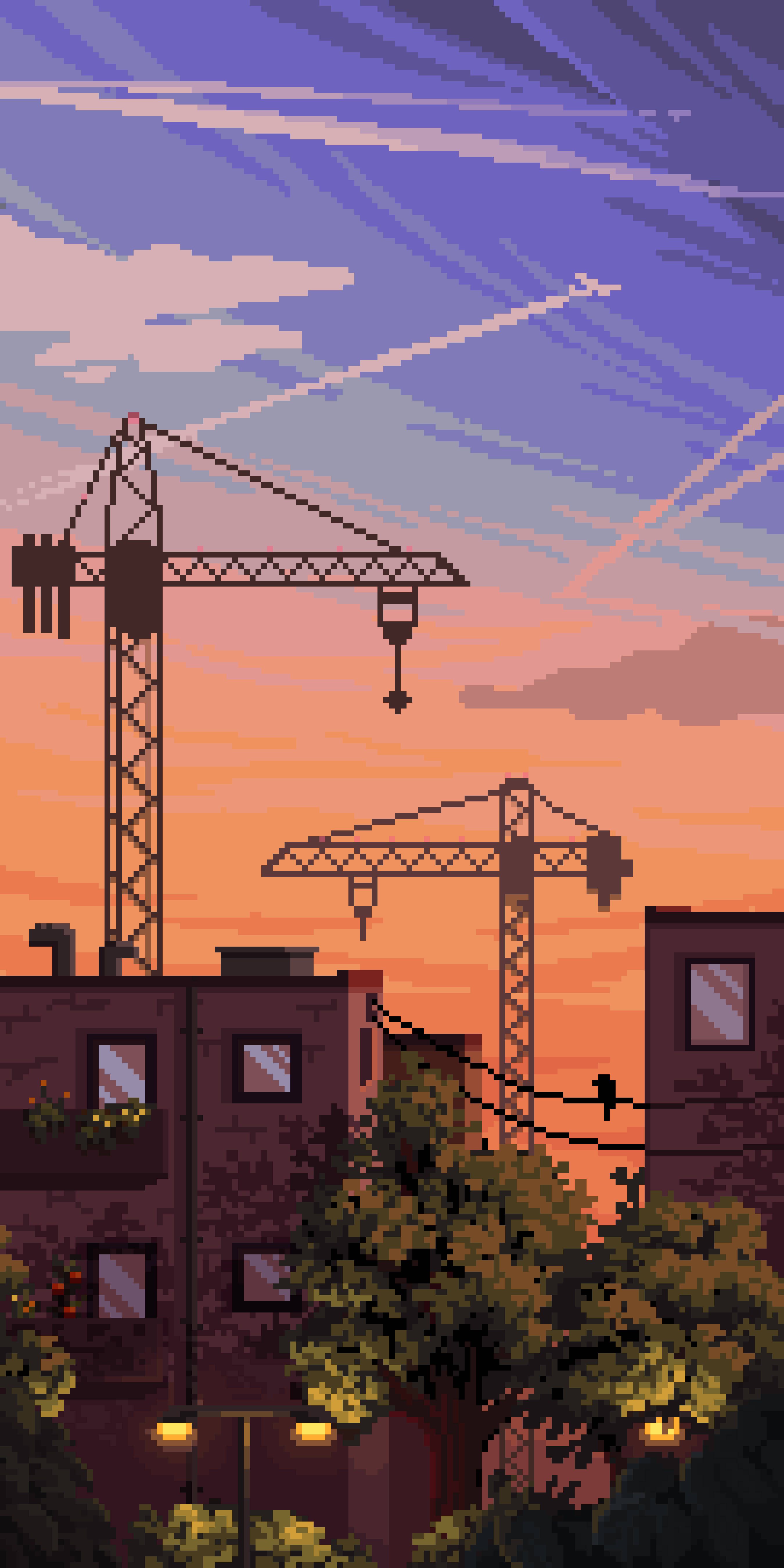 Download Buildings And Tower Cranes In Aesthetic Pixel Art Wallpaper