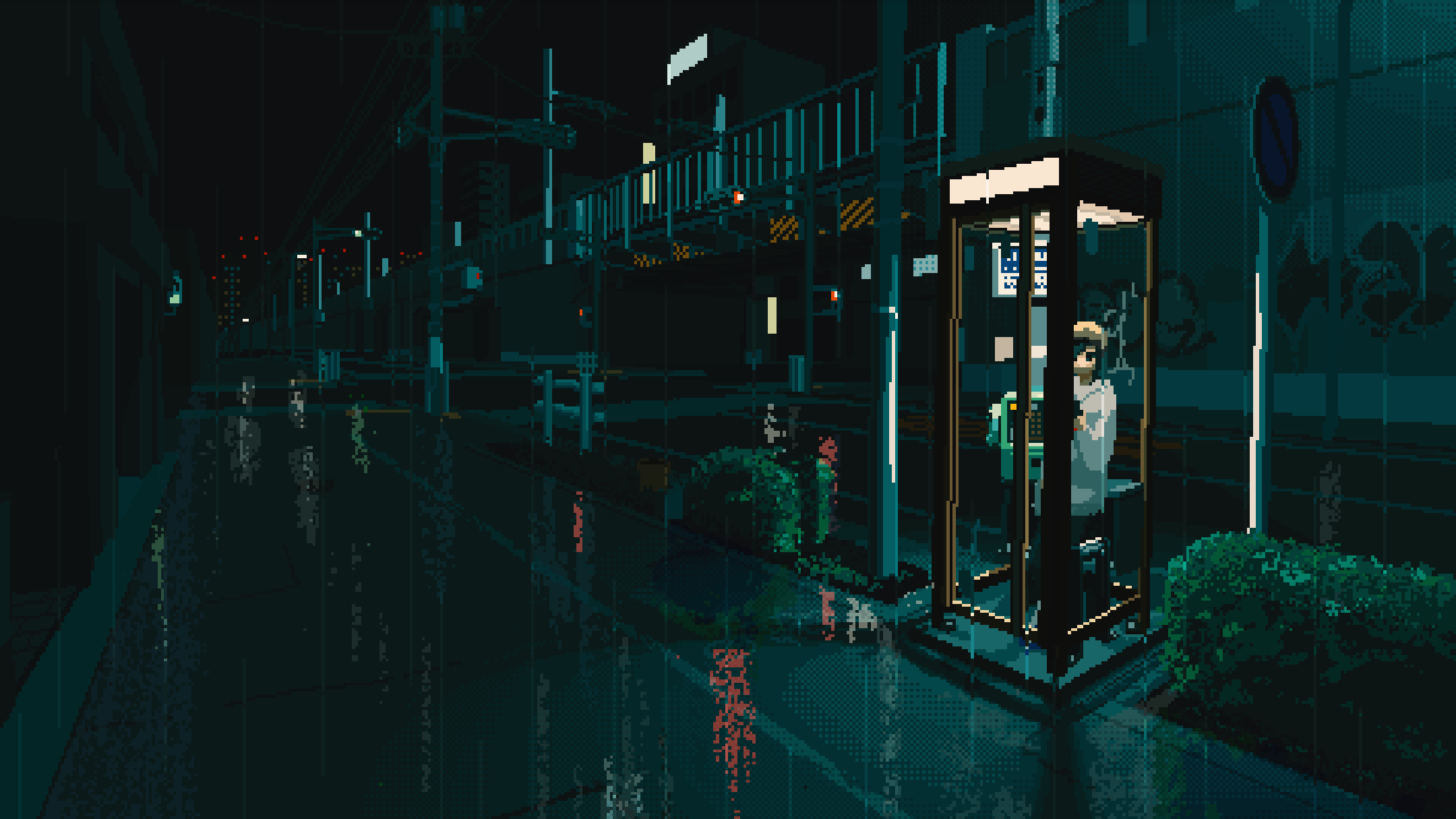 phone box, street, night, rain, pixel art Gallery HD Wallpaper