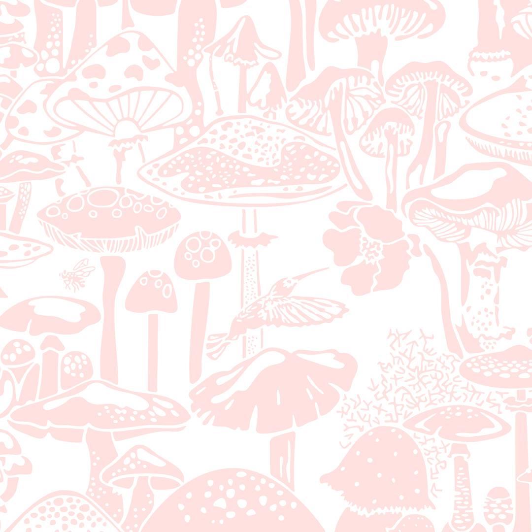 Mushroom City Designer Wallpaper in Daisy 'Pink and White' at 1stDibs. pink mushroom wallpaper, mushroom background aesthetic, aesthetic mushroom wallpaper