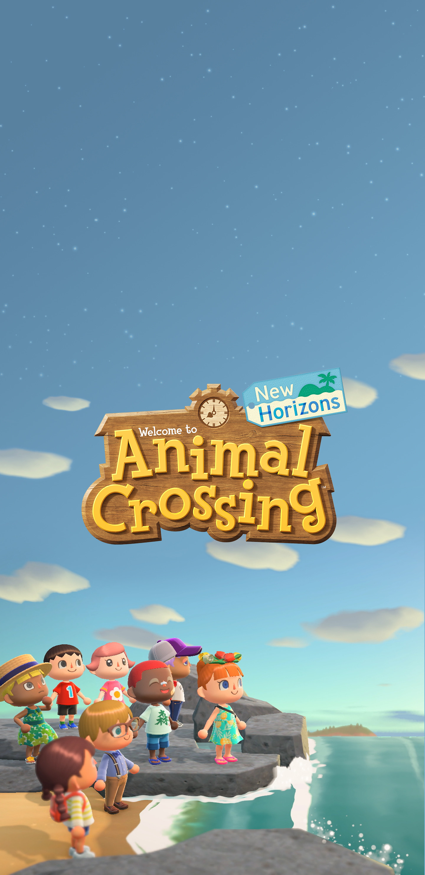 A phone screen displays the Animal Crossing: New Horizons title screen. - Animal Crossing