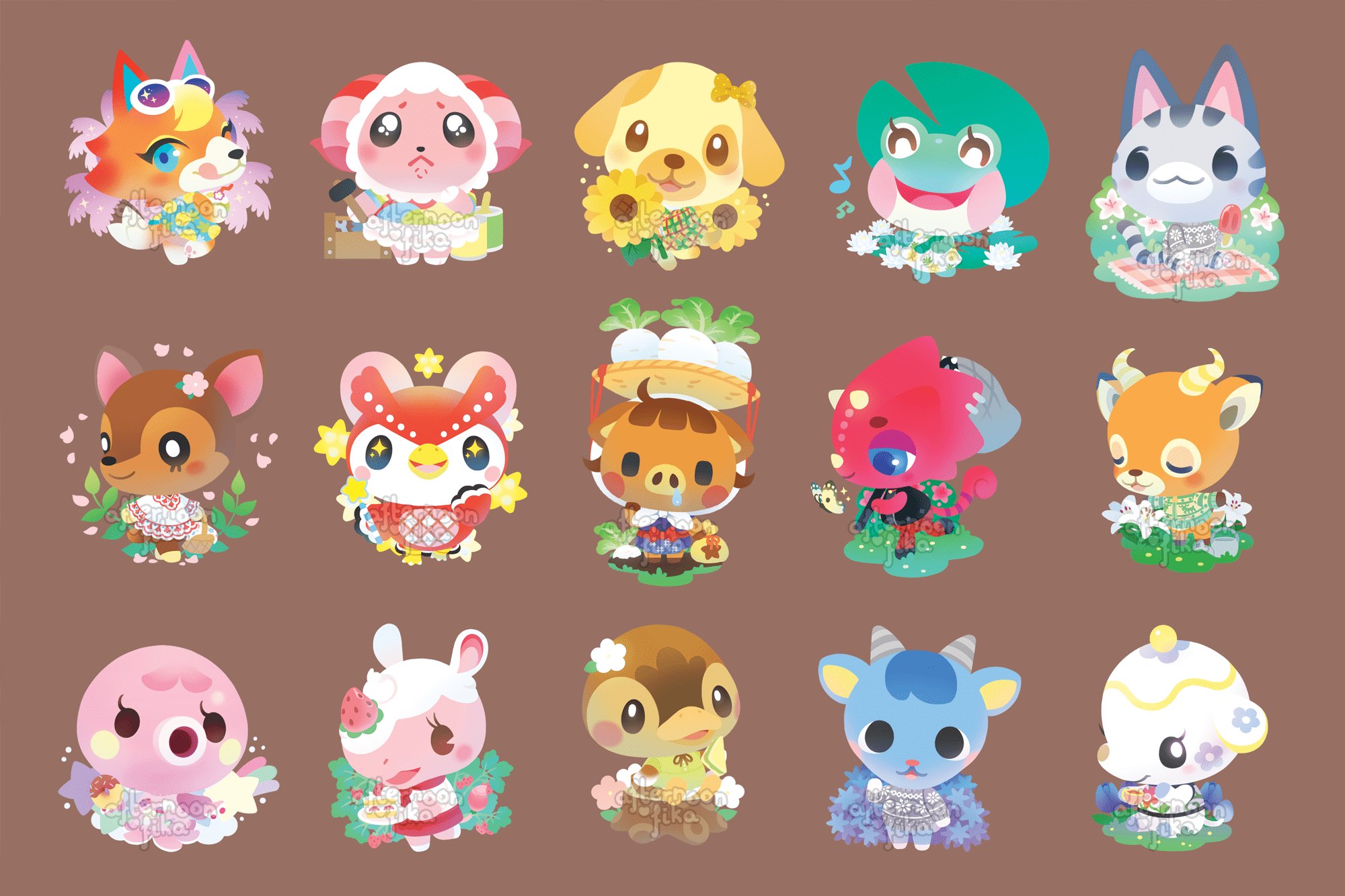 A collection of animal characters in different poses - Animal Crossing