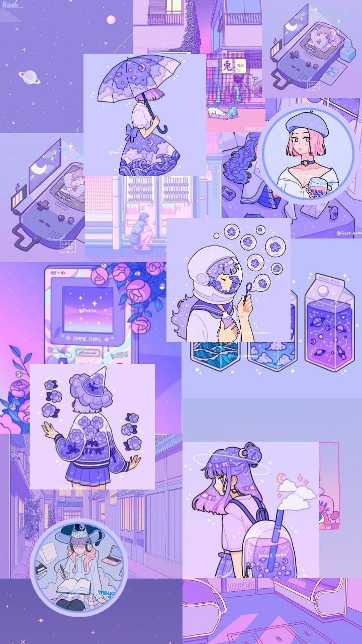 A collage of various images with purple backgrounds - Pastel purple