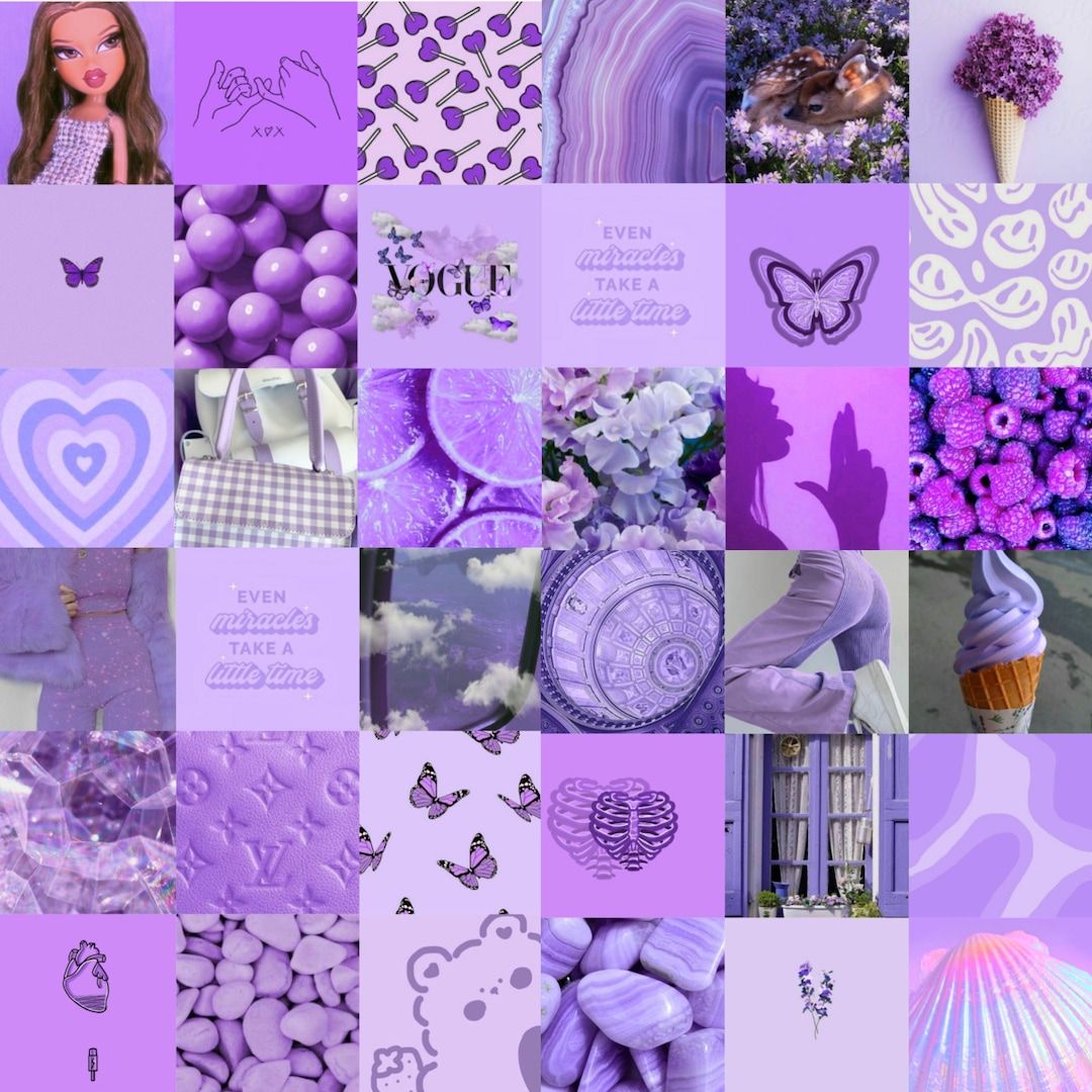 A collage of purple items with hearts and flowers - Pastel purple