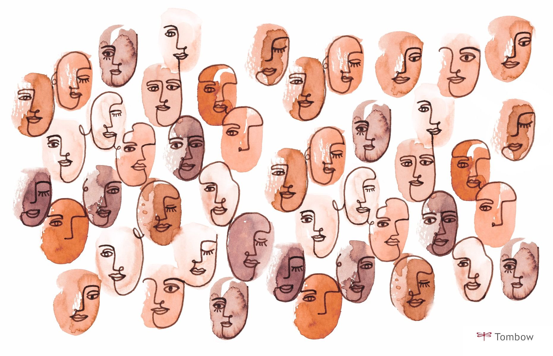 A drawing of many faces in different colors - August, March