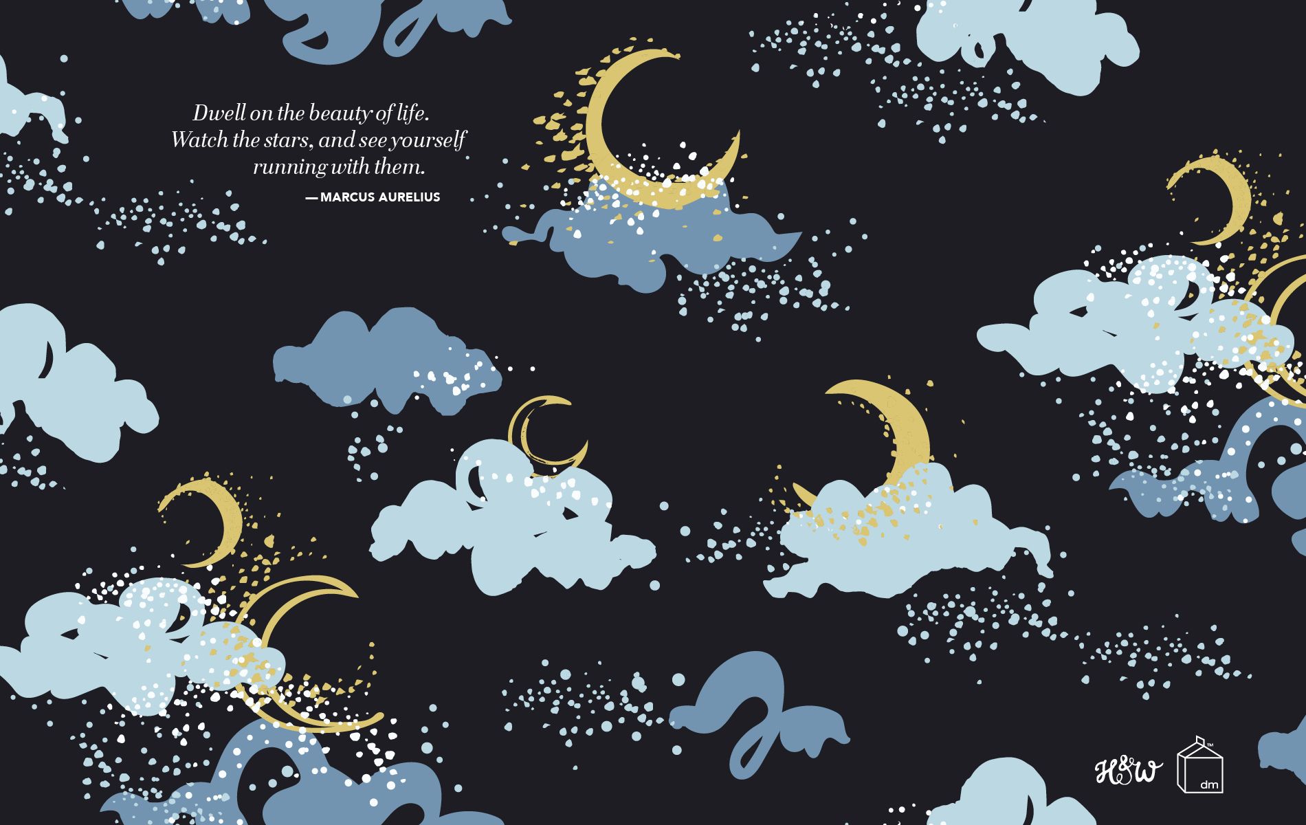 A blue and white pattern with clouds, stars - August