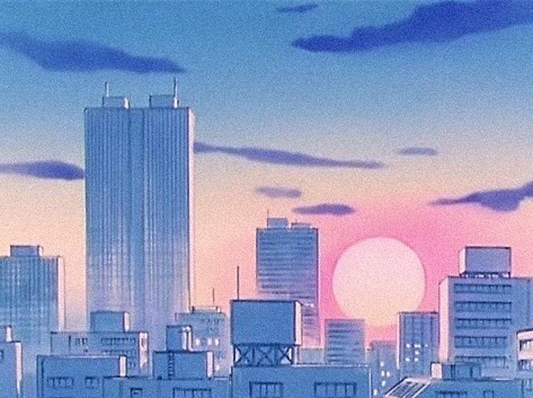 Anime cityscape with the sun setting in background - 90s anime